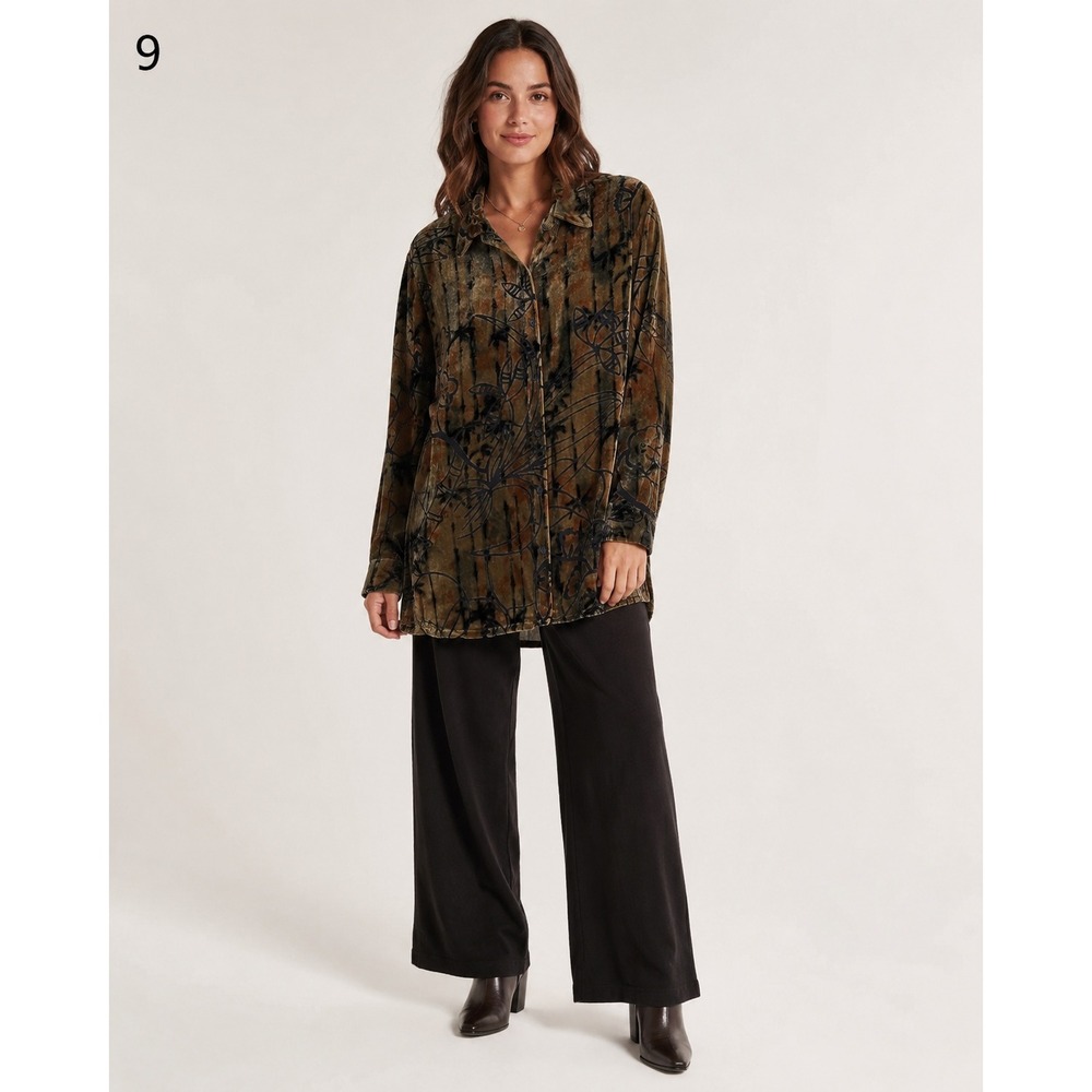 Vintage Y2K Chicos Button Down Shirt Silk Blend Burnout Velvet Olive Women Large